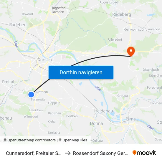 Cunnersdorf, Freitaler Straße to Rossendorf Saxony Germany map