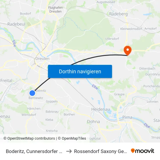 Boderitz, Cunnersdorfer Straße to Rossendorf Saxony Germany map
