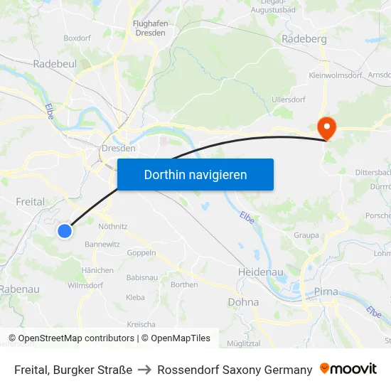 Freital, Burgker Straße to Rossendorf Saxony Germany map