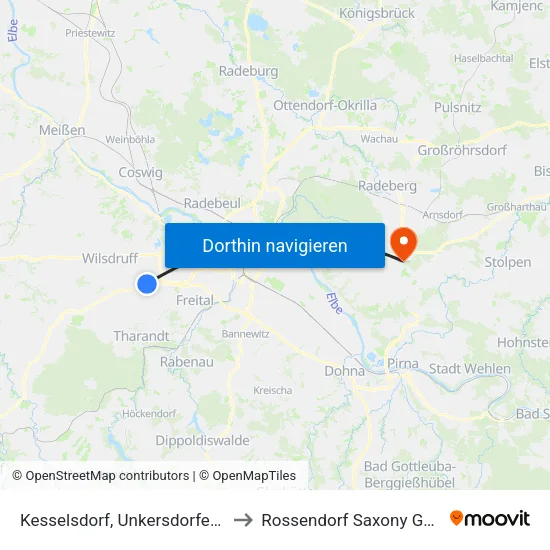 Kesselsdorf, Unkersdorfer Straße to Rossendorf Saxony Germany map