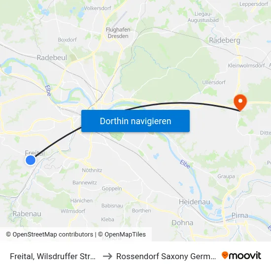 Freital, Wilsdruffer Straße to Rossendorf Saxony Germany map