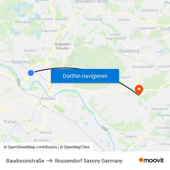 Baudissinstraße to Rossendorf Saxony Germany map