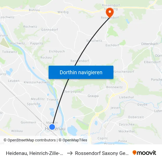 Heidenau, Heinrich-Zille-Straße to Rossendorf Saxony Germany map