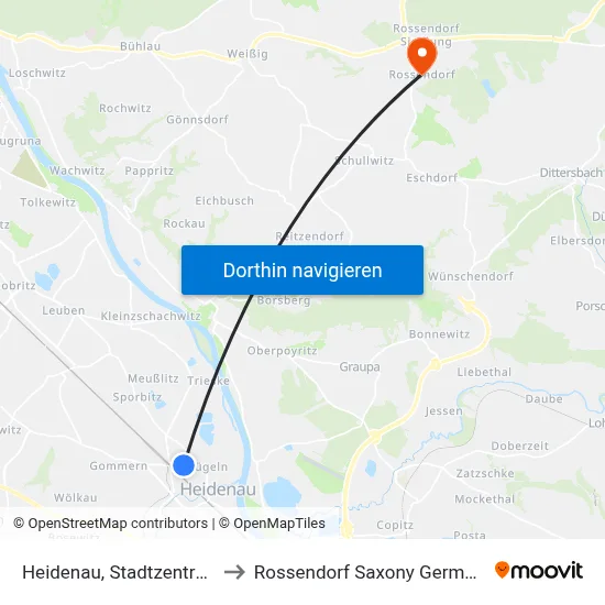 Heidenau, Stadtzentrum to Rossendorf Saxony Germany map