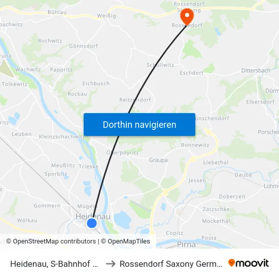 Heidenau, S-Bahnhof Süd to Rossendorf Saxony Germany map