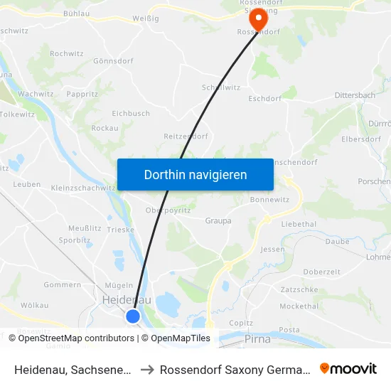 Heidenau, Sachseneck to Rossendorf Saxony Germany map