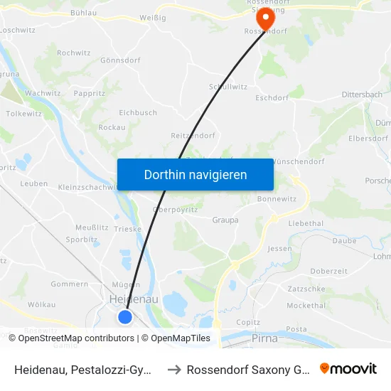Heidenau, Pestalozzi-Gymnasium to Rossendorf Saxony Germany map