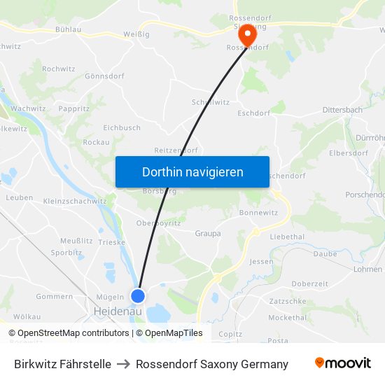 Birkwitz Fährstelle to Rossendorf Saxony Germany map