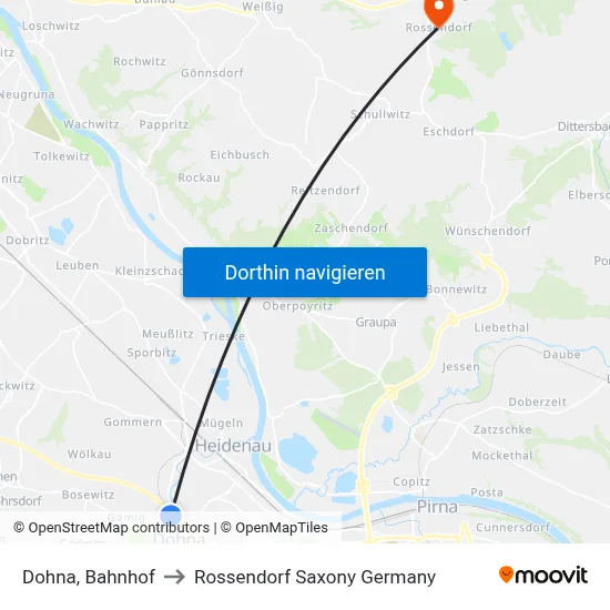 Dohna, Bahnhof to Rossendorf Saxony Germany map