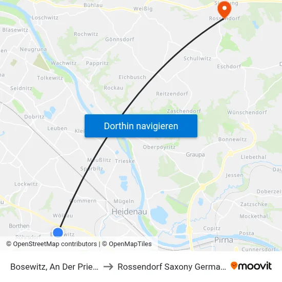 Bosewitz, An Der Priese to Rossendorf Saxony Germany map