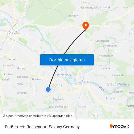 Sürßen to Rossendorf Saxony Germany map