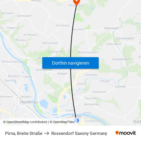 Pirna, Breite Straße to Rossendorf Saxony Germany map
