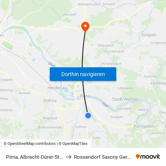 Pirna, Albrecht-Dürer-Straße to Rossendorf Saxony Germany map