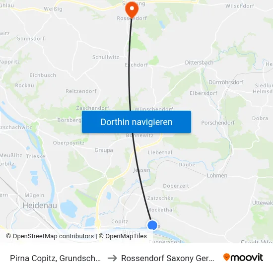 Pirna Copitz, Grundschänke to Rossendorf Saxony Germany map