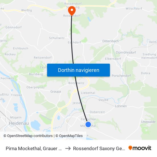 Pirna Mockethal, Grauer Storch to Rossendorf Saxony Germany map