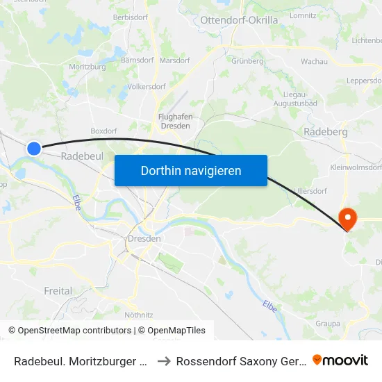 Radebeul. Moritzburger Straße to Rossendorf Saxony Germany map
