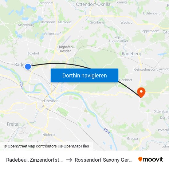 Radebeul, Zinzendorfstraße to Rossendorf Saxony Germany map