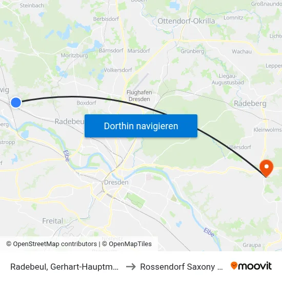 Radebeul, Gerhart-Hauptmann-Straße to Rossendorf Saxony Germany map