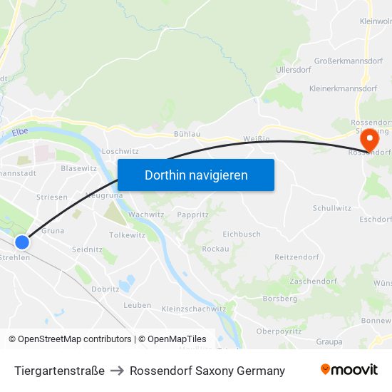 Tiergartenstraße to Rossendorf Saxony Germany map