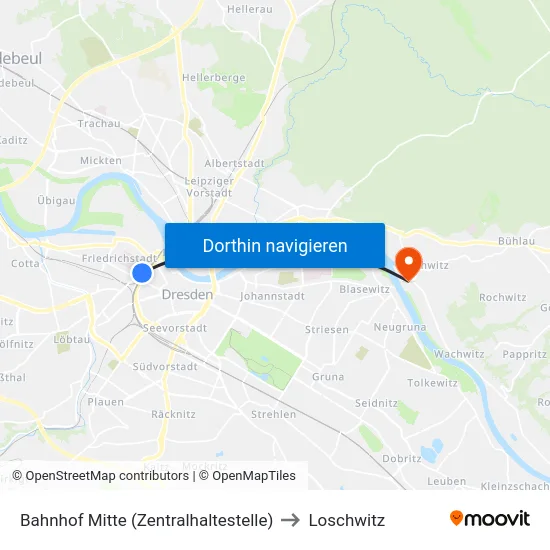 Bahnhof Mitte (Zentralhaltestelle) to Loschwitz map