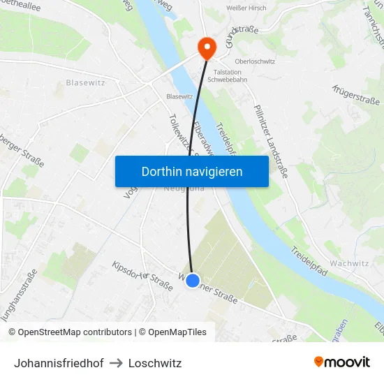 Johannisfriedhof to Loschwitz map
