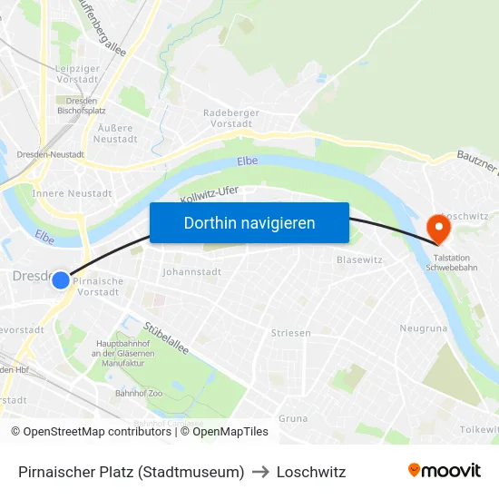 Pirnaischer Platz (Stadtmuseum) to Loschwitz map