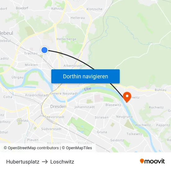 Hubertusplatz to Loschwitz map