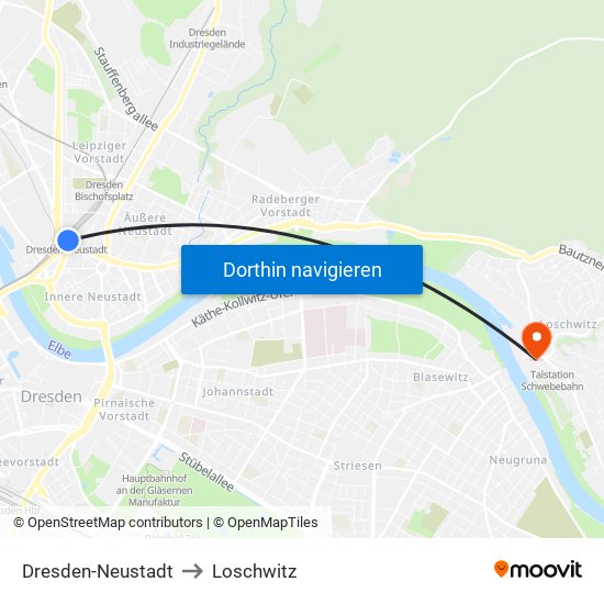 Dresden-Neustadt to Loschwitz map