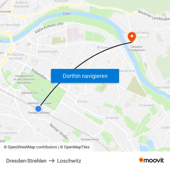 Dresden-Strehlen to Loschwitz map