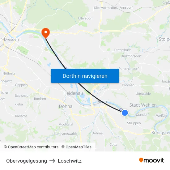 Obervogelgesang to Loschwitz map