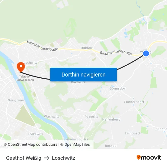 Gasthof Weißig to Loschwitz map