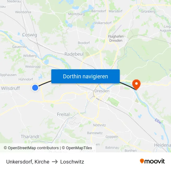 Unkersdorf, Kirche to Loschwitz map