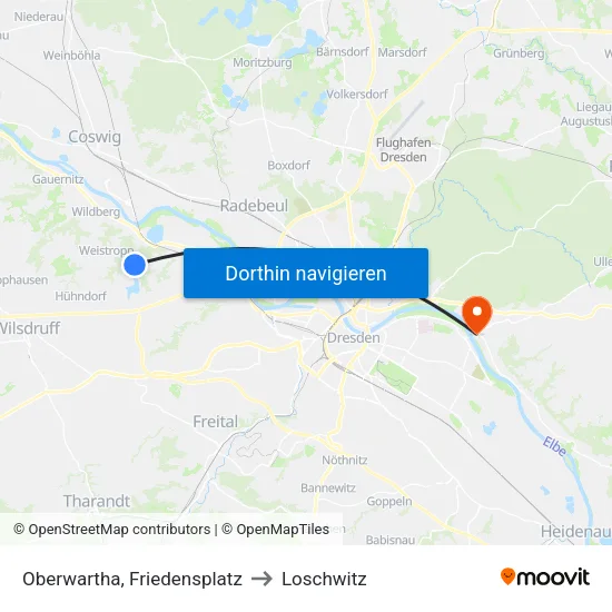 Oberwartha, Friedensplatz to Loschwitz map