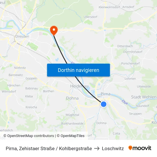 Pirna, Zehistaer Straße / Kohlbergstraße to Loschwitz map