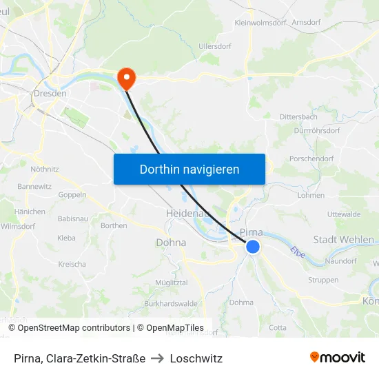 Pirna, Clara-Zetkin-Straße to Loschwitz map