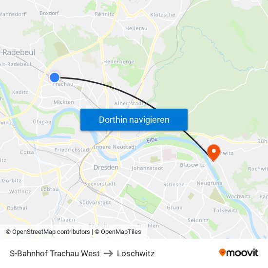 S-Bahnhof Trachau West to Loschwitz map