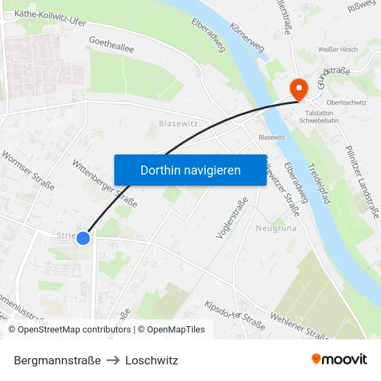Bergmannstraße to Loschwitz map