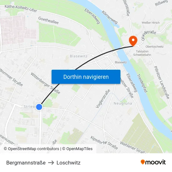 Bergmannstraße to Loschwitz map