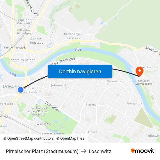 Pirnaischer Platz (Stadtmuseum) to Loschwitz map