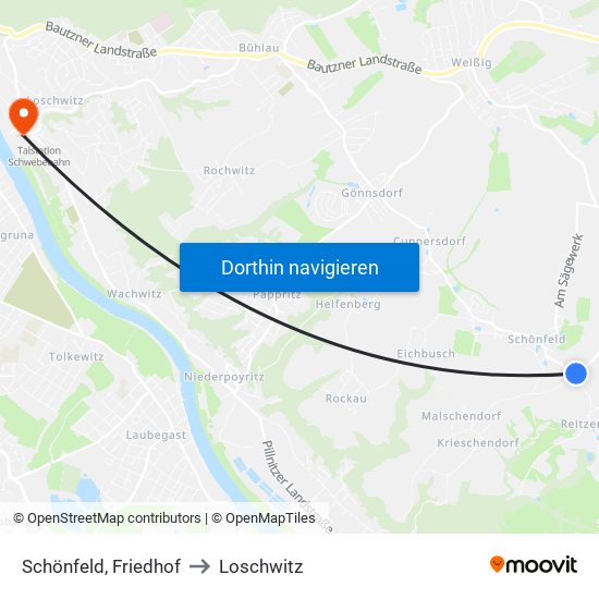 Schönfeld, Friedhof to Loschwitz map