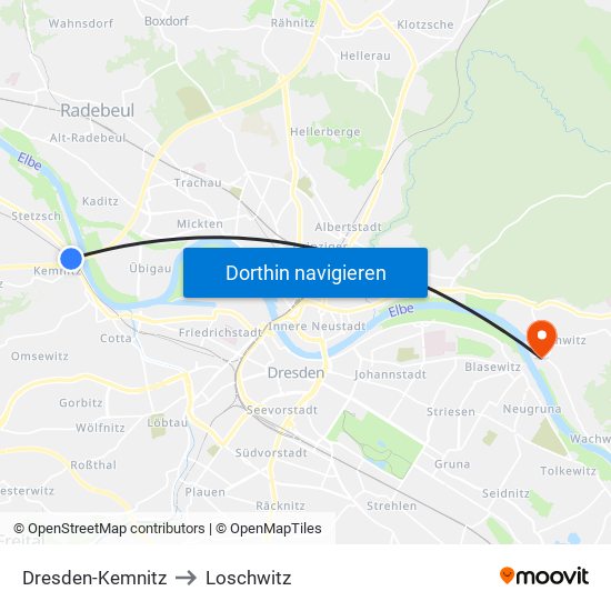Dresden-Kemnitz to Loschwitz map