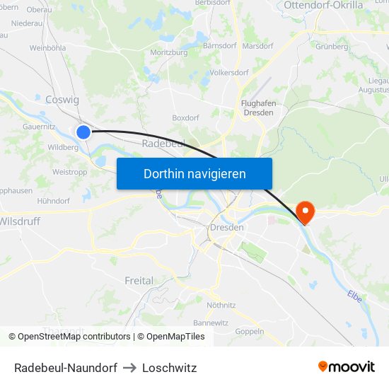 Radebeul-Naundorf to Loschwitz map