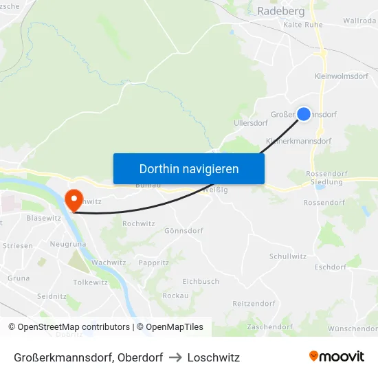 Großerkmannsdorf, Oberdorf to Loschwitz map