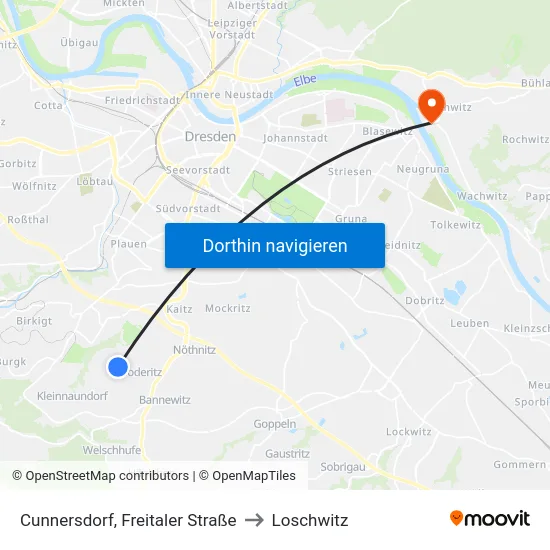 Cunnersdorf, Freitaler Straße to Loschwitz map