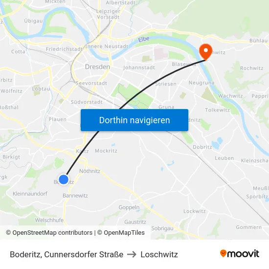Boderitz, Cunnersdorfer Straße to Loschwitz map
