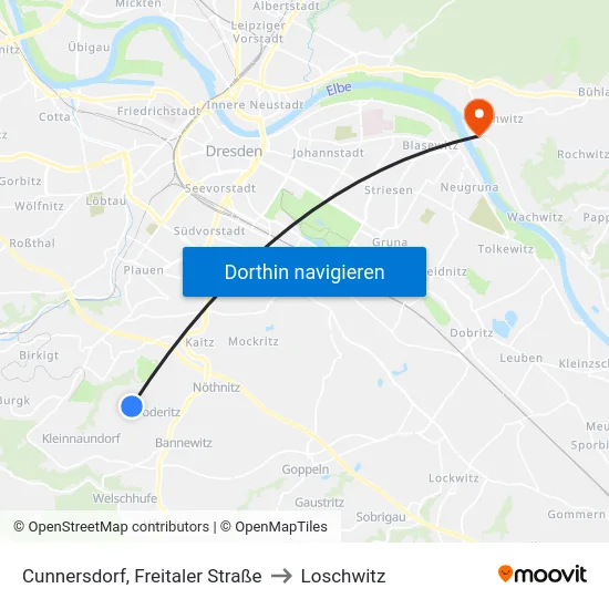 Cunnersdorf, Freitaler Straße to Loschwitz map