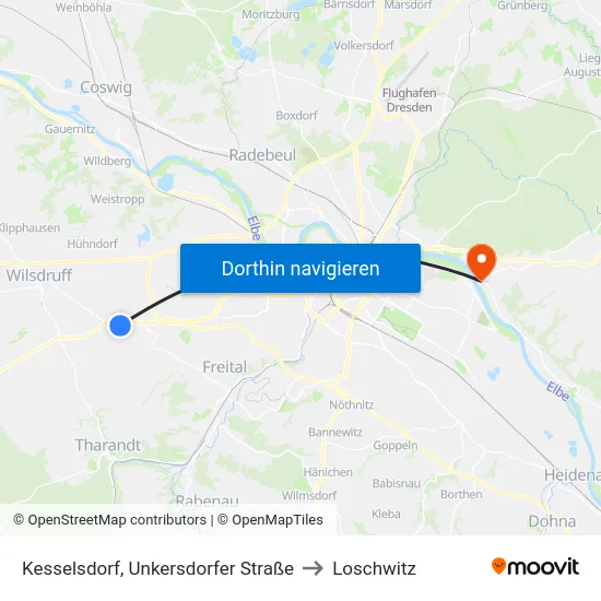 Kesselsdorf, Unkersdorfer Straße to Loschwitz map