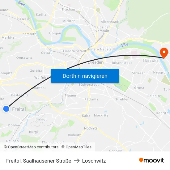 Freital, Saalhausener Straße to Loschwitz map