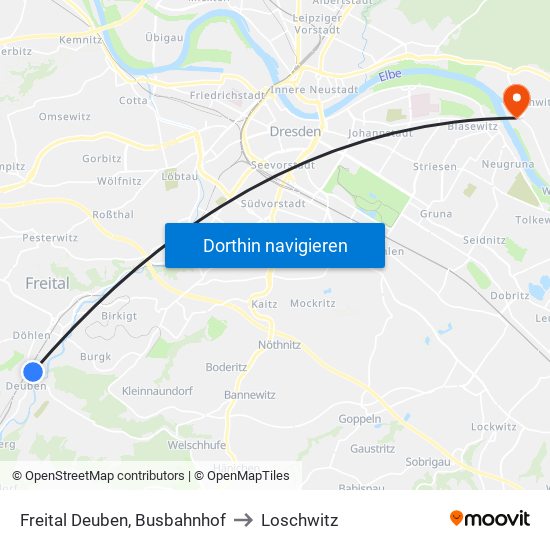 Freital Deuben, Busbahnhof to Loschwitz map