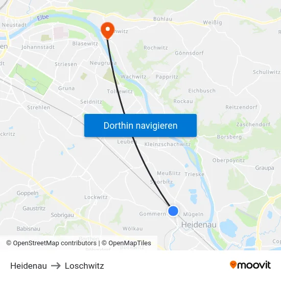 Heidenau to Loschwitz map